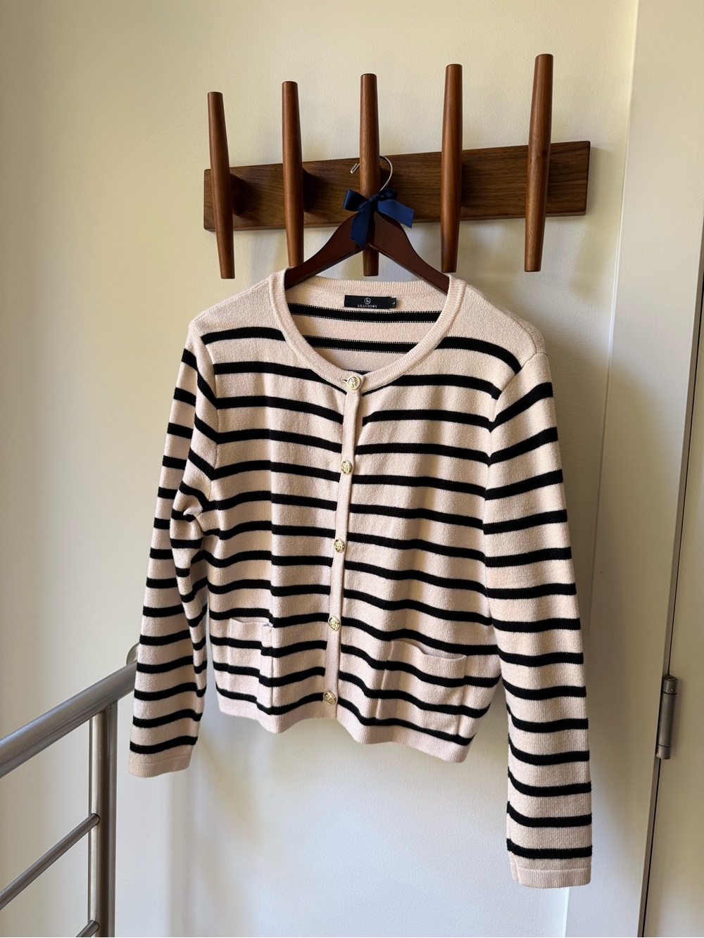 Striped Button-Front Cardigan Sweater - Cream & Black